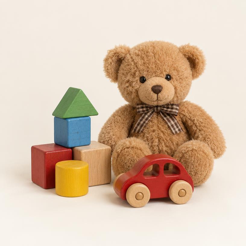 Brinquedos: blocos, carrinho e ursinho